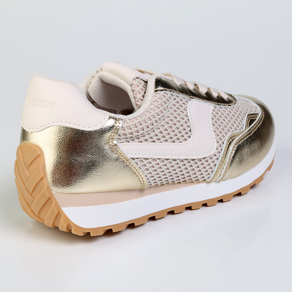Madison Jullian Lace Up Sneaker With Side Panel  - Gold/Beige